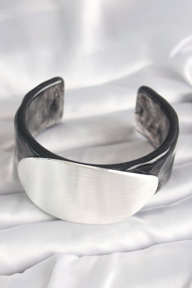 Siyah Mermer Desen Akrilik Plastik Gümüş Oval Plaka Model Vintage Kadın Bilezik