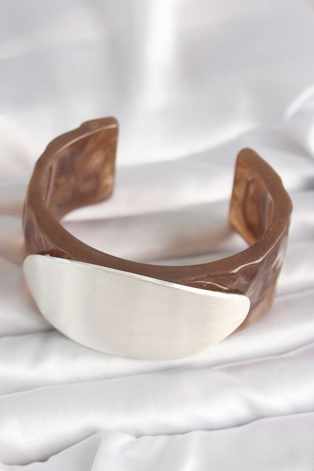 Kahverengi Mermer Desen Akrilik Plastik Gümüş Oval Plaka Model Vintage Kadın Bilezik