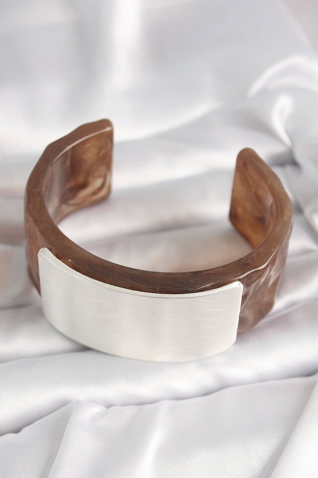 Kahverengi Mermer Desen Akrilik Plastik Gümüş Dikdörtgen Plaka Vintage Kadın Bilezik