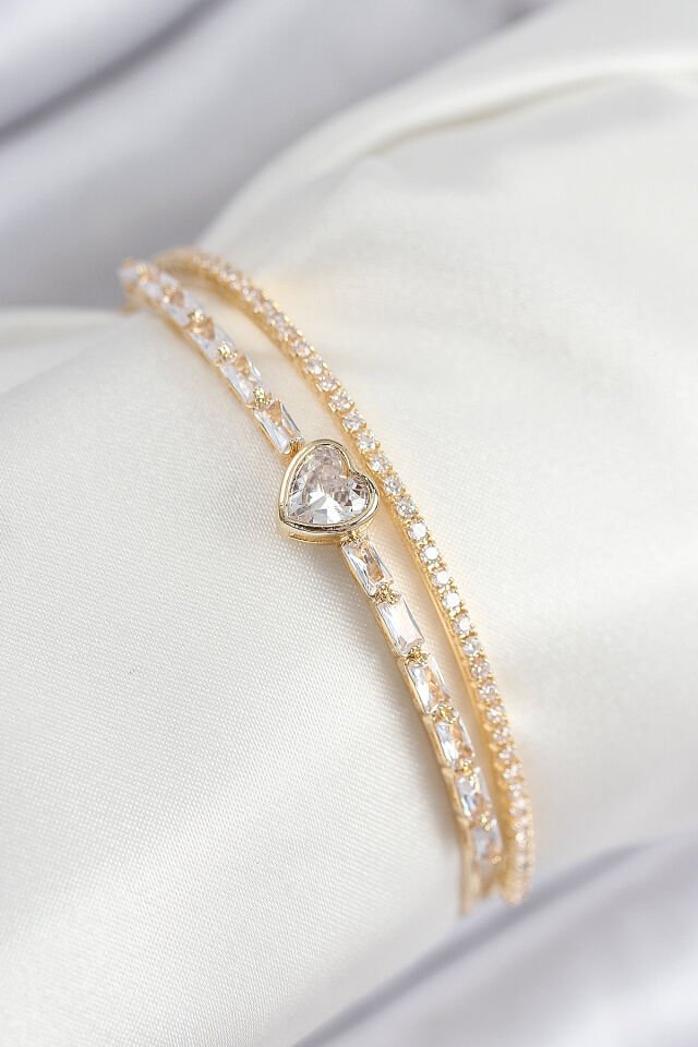 Pirinç Zirkon Taşlı Kalp Model Gold Renk Kadın Bileklik