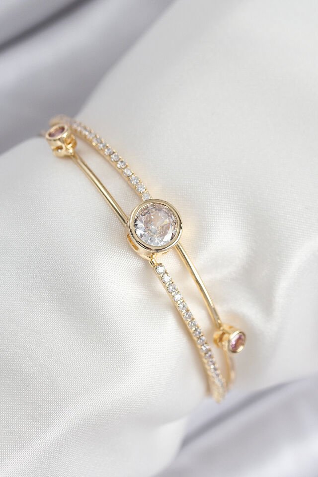 Pirinç Zirkon Taşlı Pırlanta Model Gold Renk Kadın Bileklik