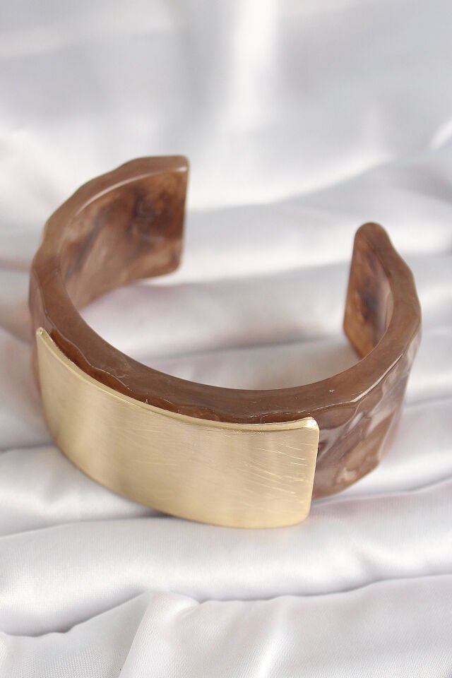 Kahverengi Mermer Desen Akrilik Platik Gold Dikdörtgen Plaka Model Vintage Kadın Bilezik