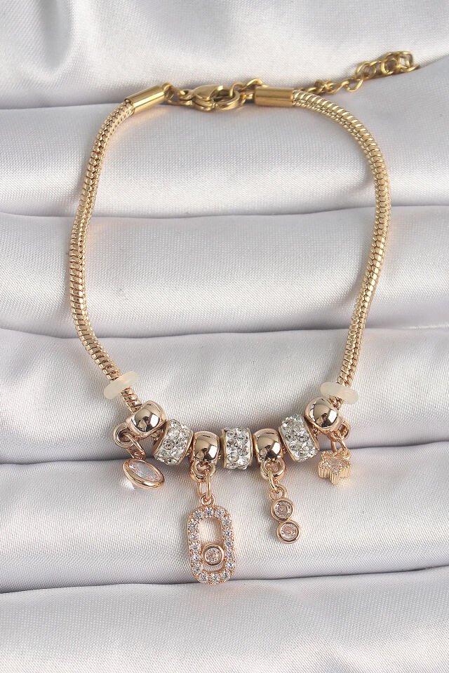 Pirinç Gold Renk Zincir Sallantı Zirkon Taşlı Messika Figür Yıldız Detay Kadın Bileklik