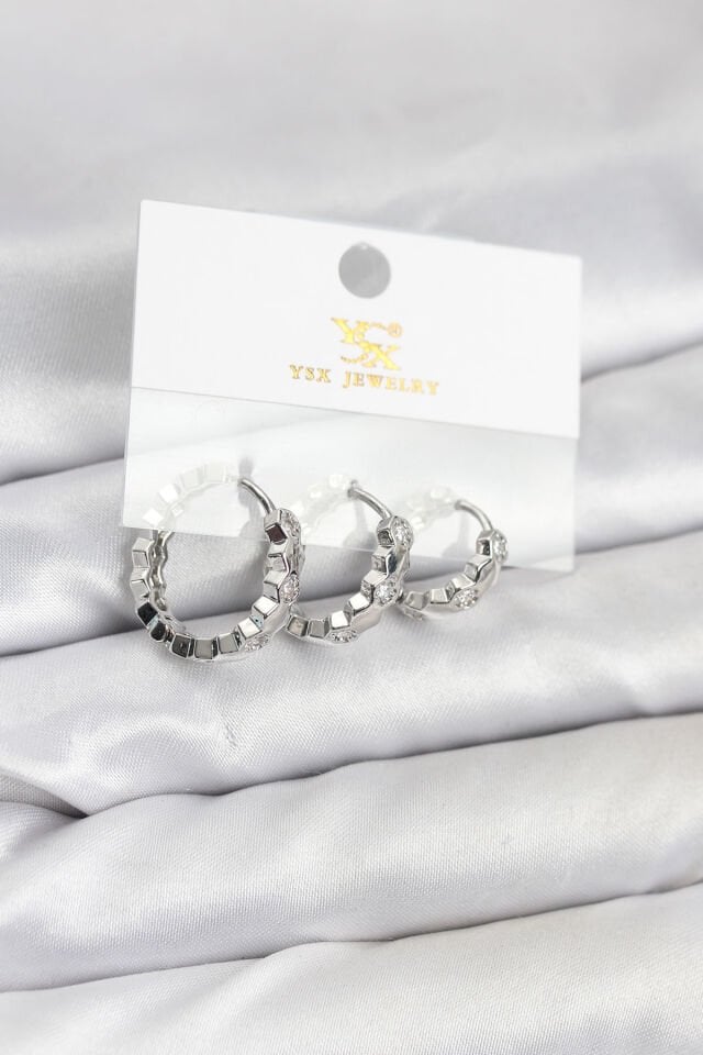 Pirinç Gümüş Renk Zirkon Taşlı Petek Halka Model YSX Trio Küpe Seti