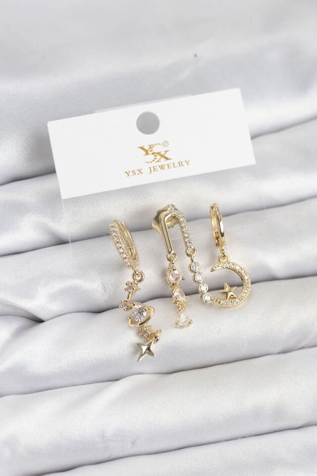 Pirinç Gold Renk Zirkon Taşlı Uzay Model YSX Trio Küpe Seti