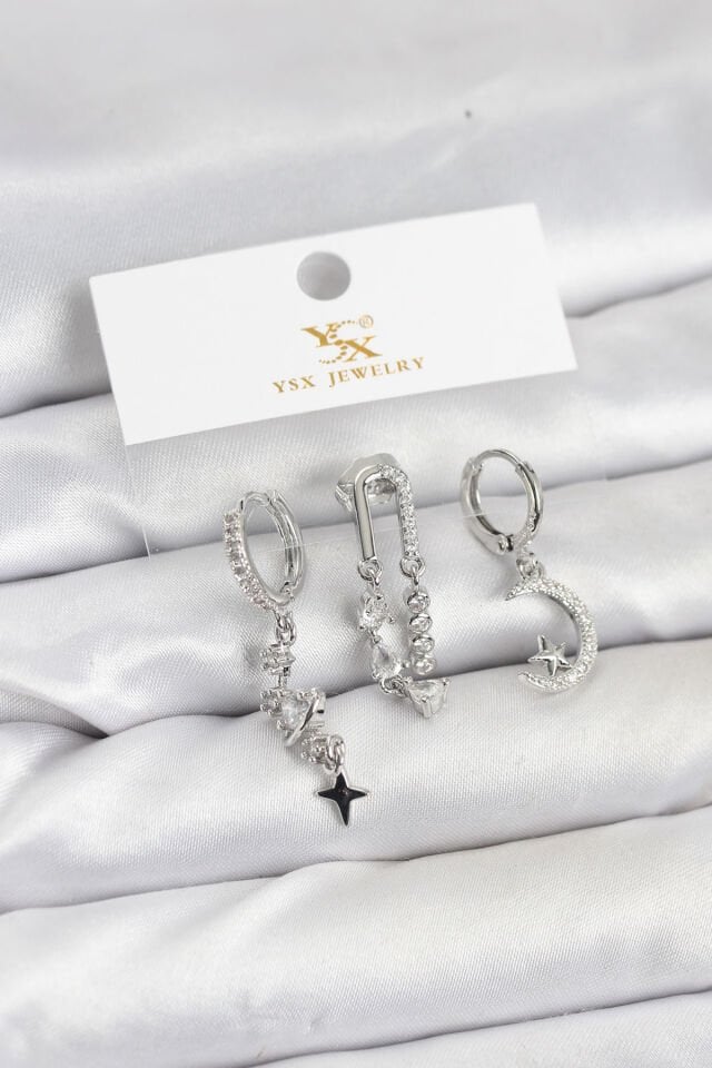 Pirinç Gümüş Renk Zirkon Taşlı Uzay Model YSX Trio Küpe Seti