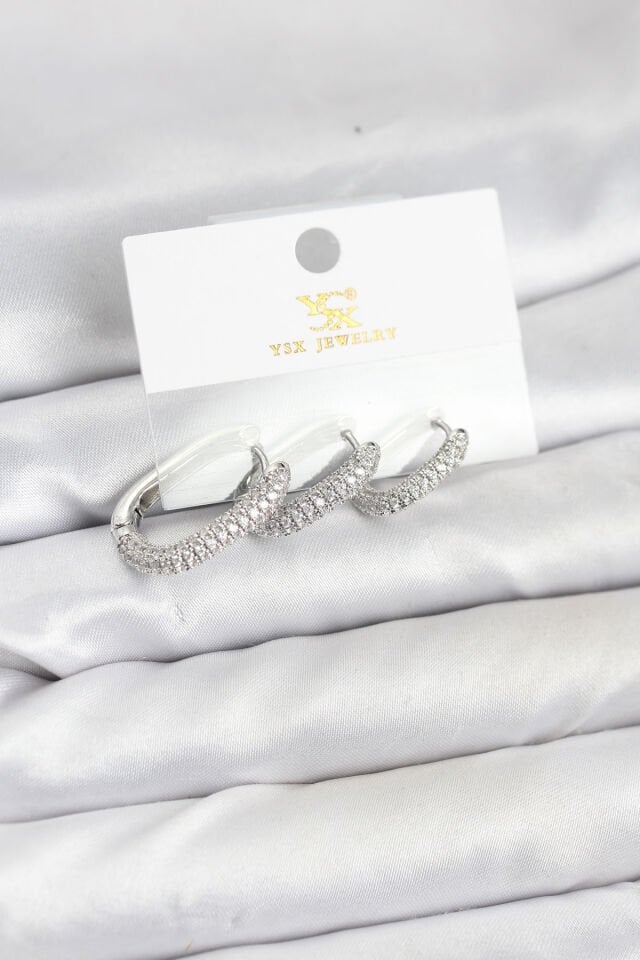 Pirinç Gümüş Renk Zirkon Taşlı Halka Model YSX Trio Küpe Seti