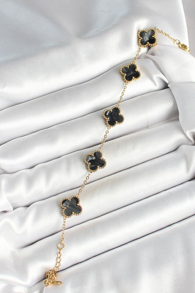 316L Çelik Sedefli Siyah Gold Renk Yonca Kadın Bileklik