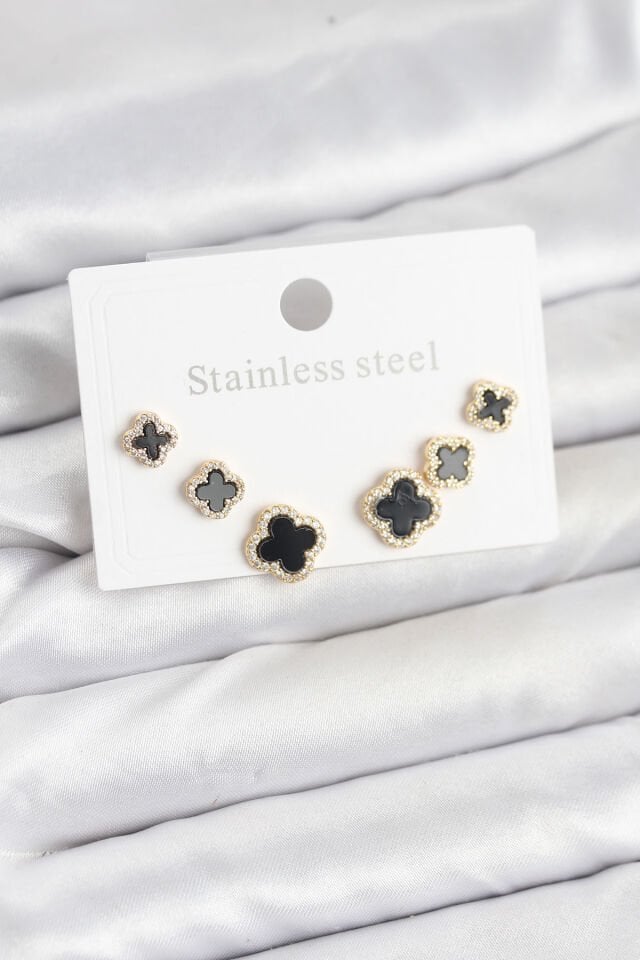 316L Çelik Zirkon Taşlı Yonca Model Kadın Küpe Seti