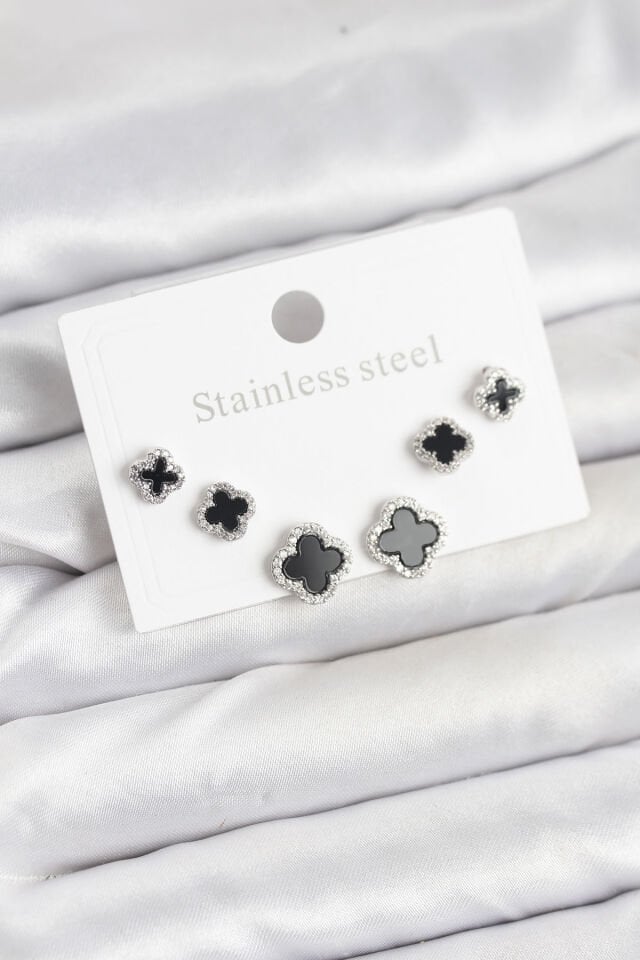 316L Çelik Gümüş Renk Zirkon Taşlı Yonca Model Kadın Küpe Seti