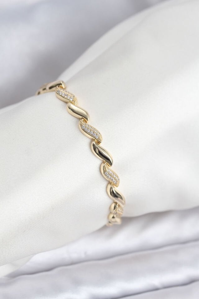 Gold Renk Sıralı Damla Model Zirkon Taşlı Pirinç Kadın Bileklik