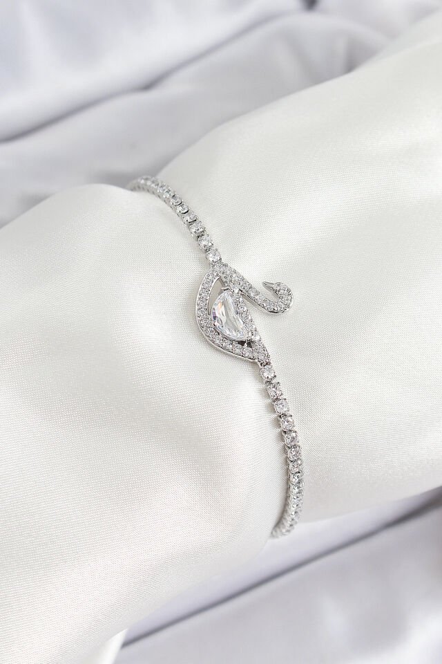 Pirinç Gümüş Renk Zirkon Taşlı Kuğu Model Kadın Bileklik