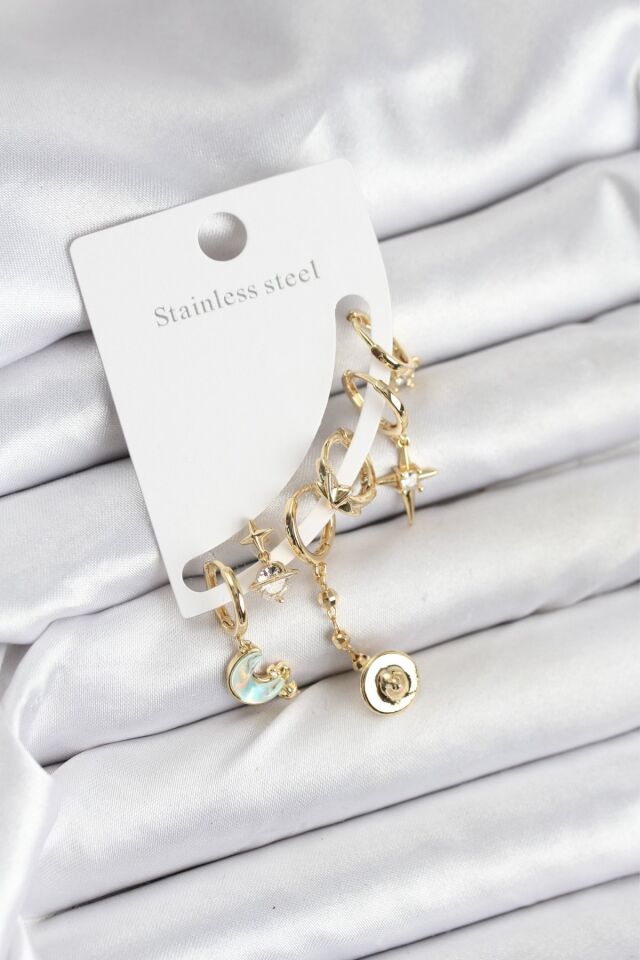 Pirinç Gold Renk Ay Model Kadın Set Küpe