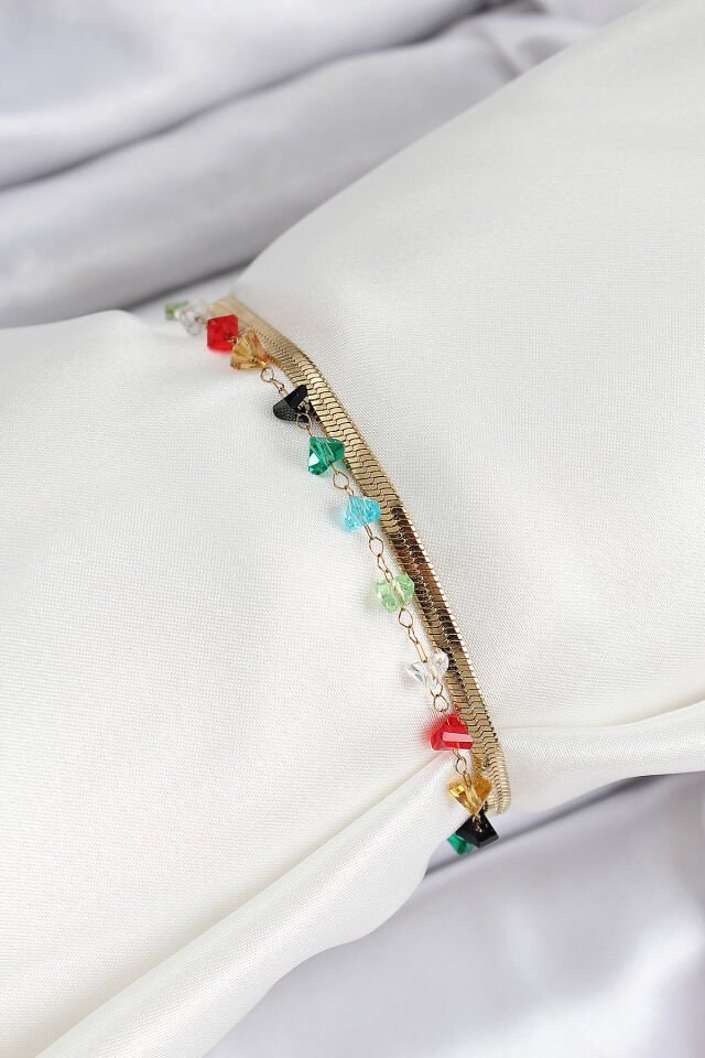 316L Çelik Gold Renk Kristal Karışık Renkli Taşlı 2'li Kadın Bileklik