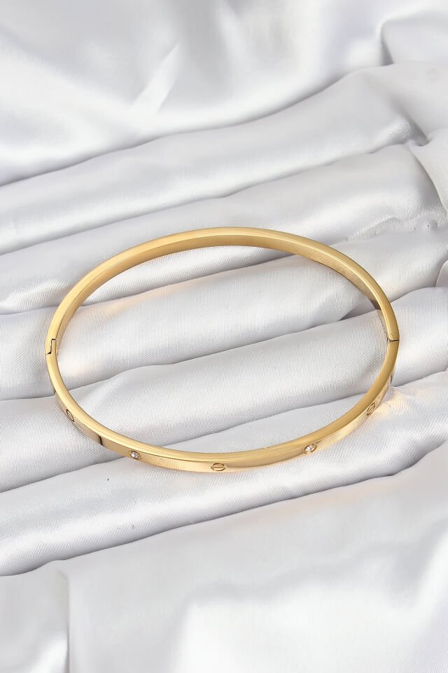 316L Çelik Gold Renk Zirkon Taşlı 65 mm İnce Kadın Kelepçe Bileklik