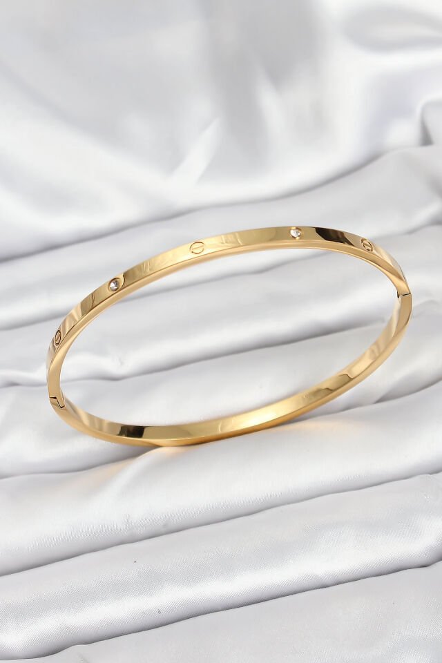 316L Çelik Gold Renk Zirkon Taşlı 65 mm İnce Kadın Kelepçe Bileklik