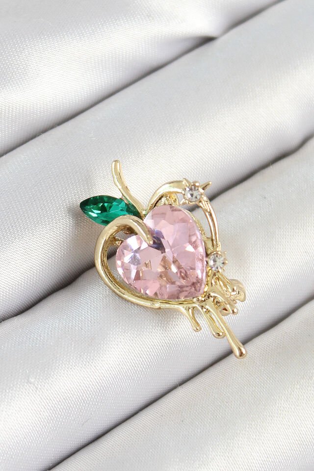 Pembe Ve Yeşil Zirkon Taşlı 3D Eriyen Kalp Figürlü Gold Renk Kadın Broş