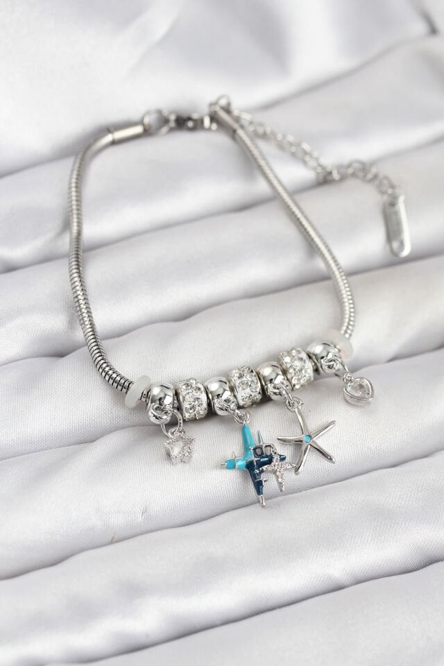 Pirinç Gümüş Renk Yıldız Model Charmlı Kadın Bileklik