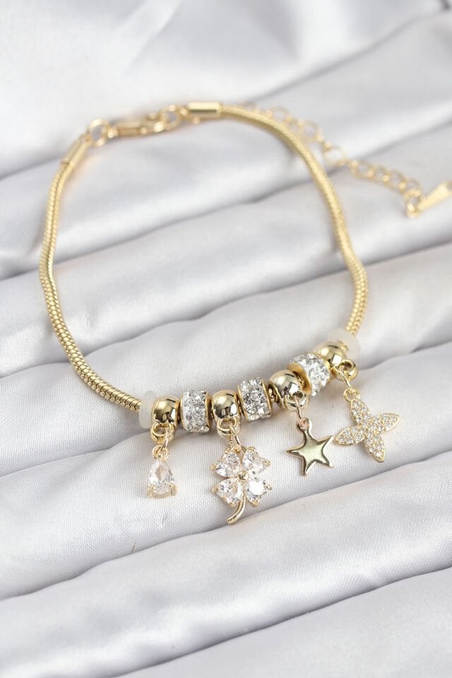 Gold Renk Pirinç Yonca Charmlı Kadın Bileklik