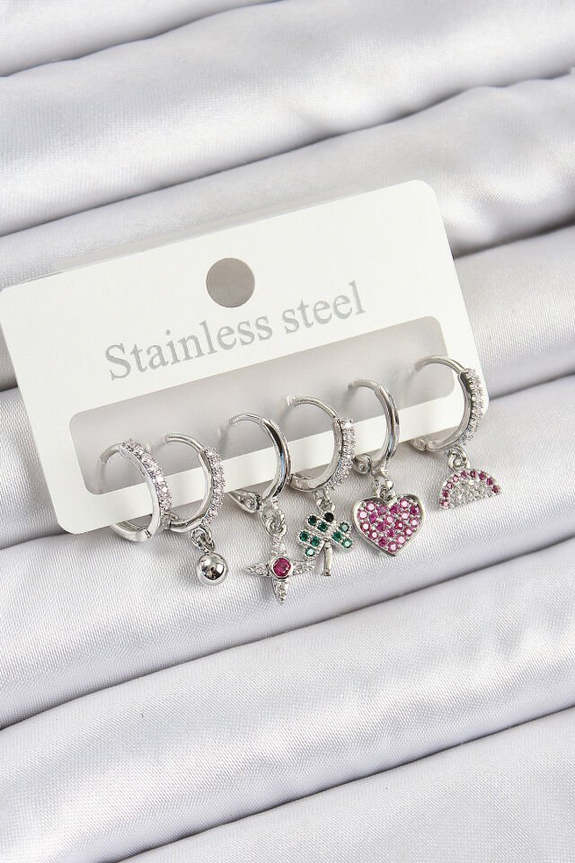 Pirinç Zirkon Taşlı Karpuz Yonca Kalp Pusula Karışık Model Gümüş Renk 6'lı Set Kadın Küpe