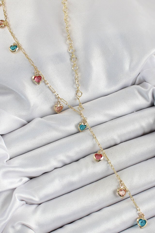 Pirinç Asorti Kalp Model Gold Renk Zirkon Taşlı Y Kolye