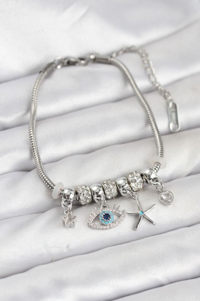 Pirinç Gümüş Renk Göz Model Charmlı Kadın Bileklik