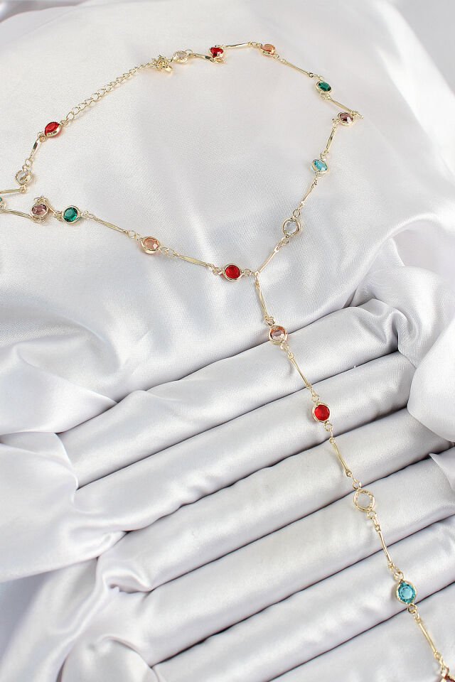 Pirinç Asorti Model Gold Renk Zirkon Taşlı Y Kolye