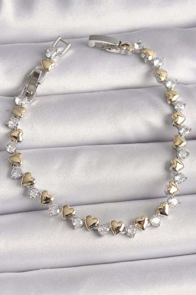 Pirinç Gümüş Renk Zirkon Taşlı Gold Kalpli VIP Seri Kadın Bileklik