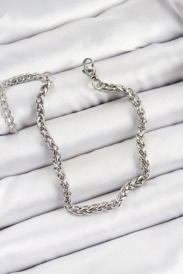 316L Çelik Gümüş Renk Örgü Zincir Erkek Bileklik