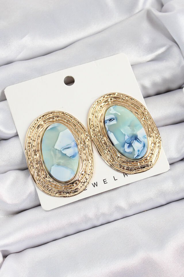 Pirinç Mermer Desenlli Mavi Sedef Oval Vintage Model Gold Renk Kadın Küpe