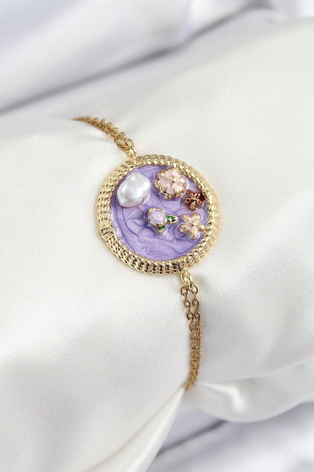 316L Çelik Zincir Mor Mineli Sanatsal Portre İnci Detaylı Çiçek Model Gold Renk Kadın Bileklik