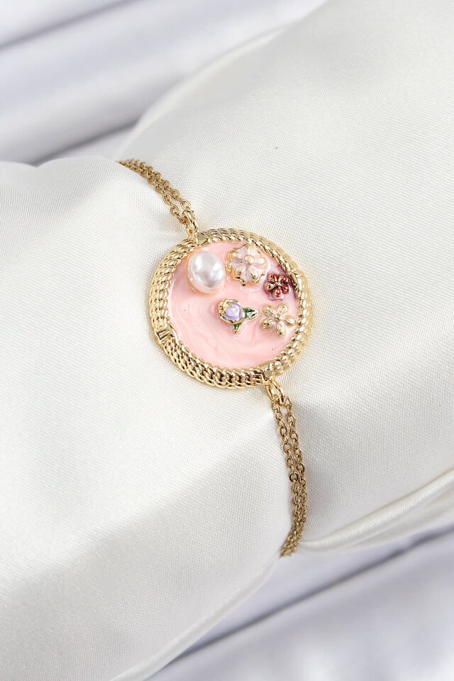 316L Çelik Zincir Pembe Mineli Sanatsal Portre İnci Detaylı Çiçek Model Gold Renk Kadın Bileklik