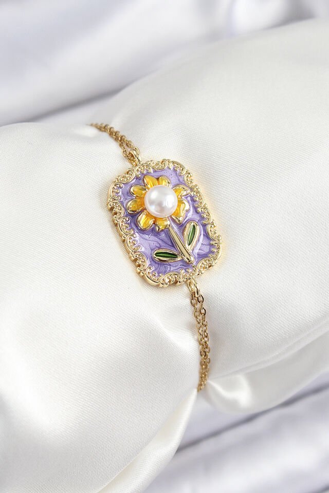 316L Çelik Zincir Mor Mineli Sanatsal Portre İnci Detaylı Papatya Model Gold Renk Kadın Bileklik