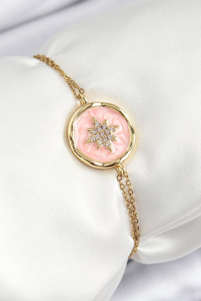 316L Çelik Zincir Pembe Mineli Sanatsal Portre Kuzey Yıldızı Model Gold Renk Kadın Bileklik