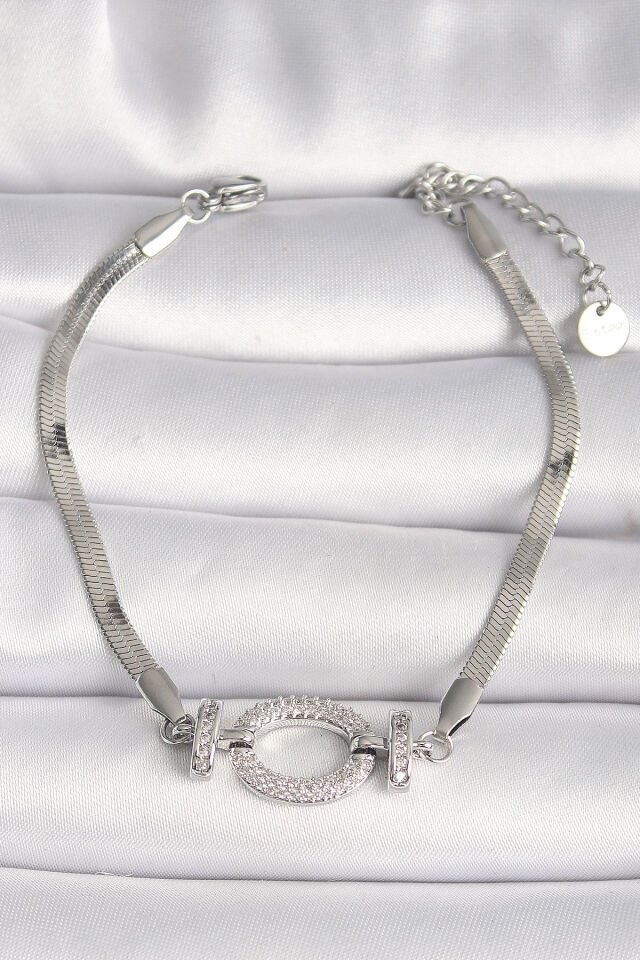 316L Çelik Gümüş Renk İtalyan Zincir Model Zirkon Taşlı Halka Figür Kadın Bileklik