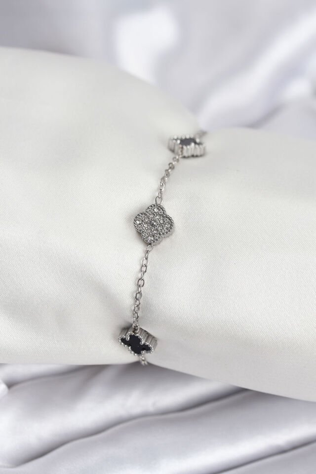 316L Çelik Gümüş Renk Siyah ve Zirkon Taşlı Baby Boy Yonca Kadın Bileklik