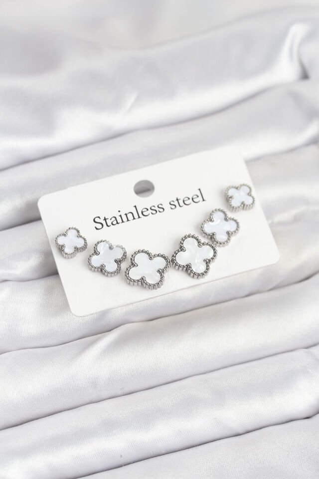 316L Çelik Gümüş Beyaz Renk 3 Boy Yonca Küpe Seti