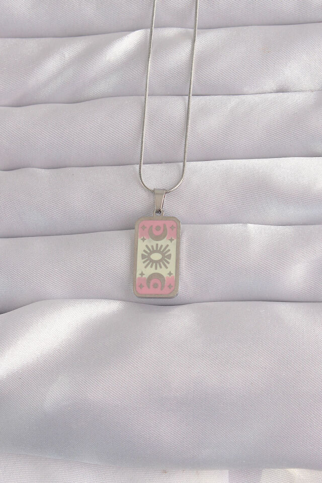 316L Çelik Gümüş Renk Pembe Mineli Ay Figür Tarot Kolye