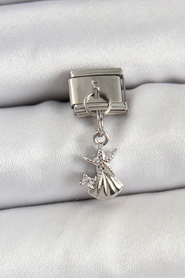 316L Çelik Sallantılı Zirkon Taşlı Deniz Yıldızı Ve İstiridye Model Gümüş Renk Nomination Charm