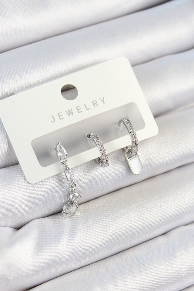 Pirinç Zirkon Taşlı Sallantılı Model Gümüş Renk 3'lü Çift Kadın Küpe Set