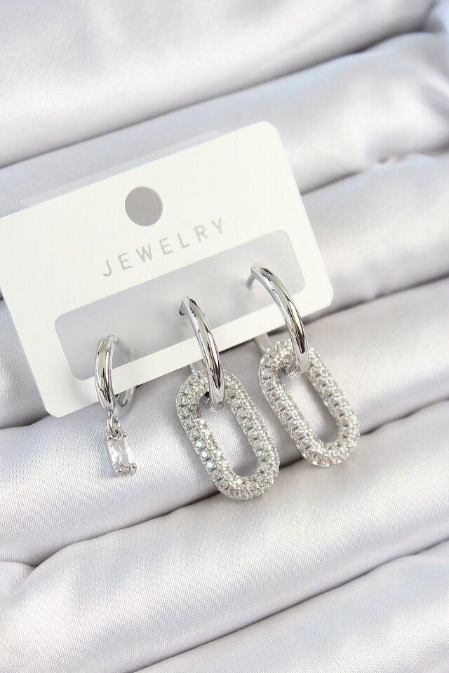 Pirinç Zirkon Taşlı Dikdörtgen Model Gümüş Renk 3'lü Çift Kadın Küpe Set