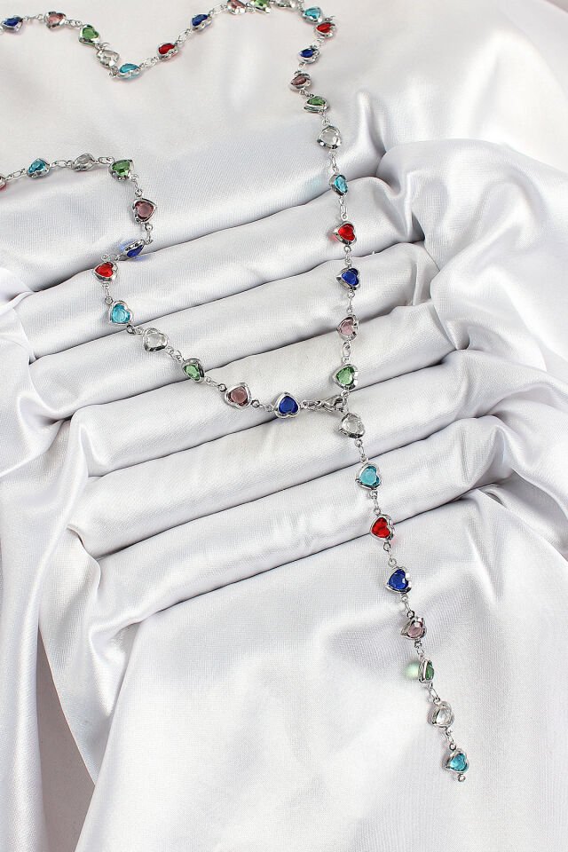 Pirinç Gümüş Renk Karışık Renk Zirkon Taşlı Kalpli Y Kadın Kolye