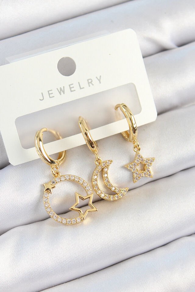 Pirinç Zirkon Taşlı Yıldız Ve Ay Model Gold Renk 3'lü Kadın Küpe Set