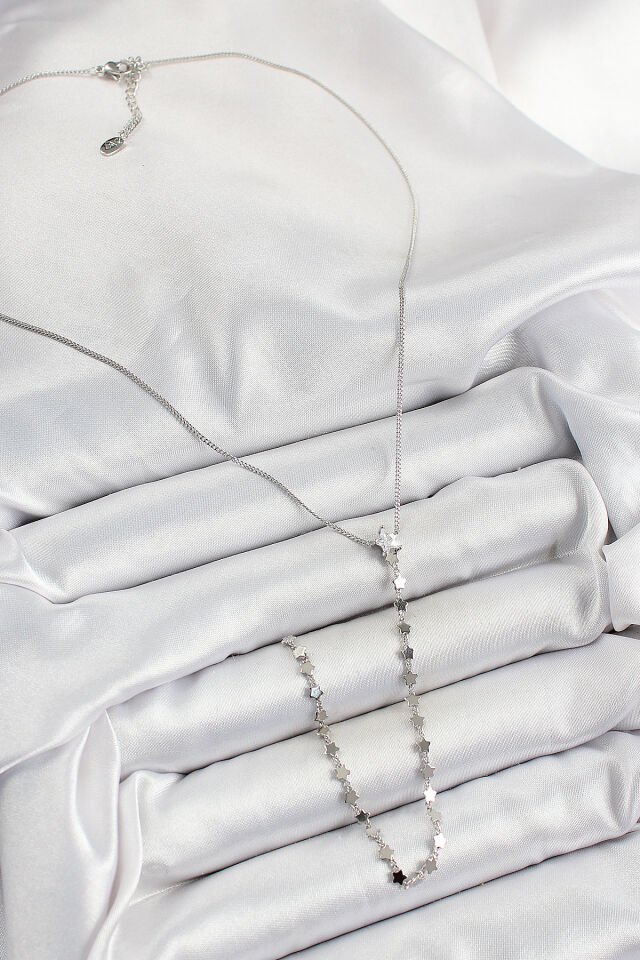 Pirinç Zirkon Taşlı Yıldız Figürlü Y Model Gümüş Renk Kadın Kolye