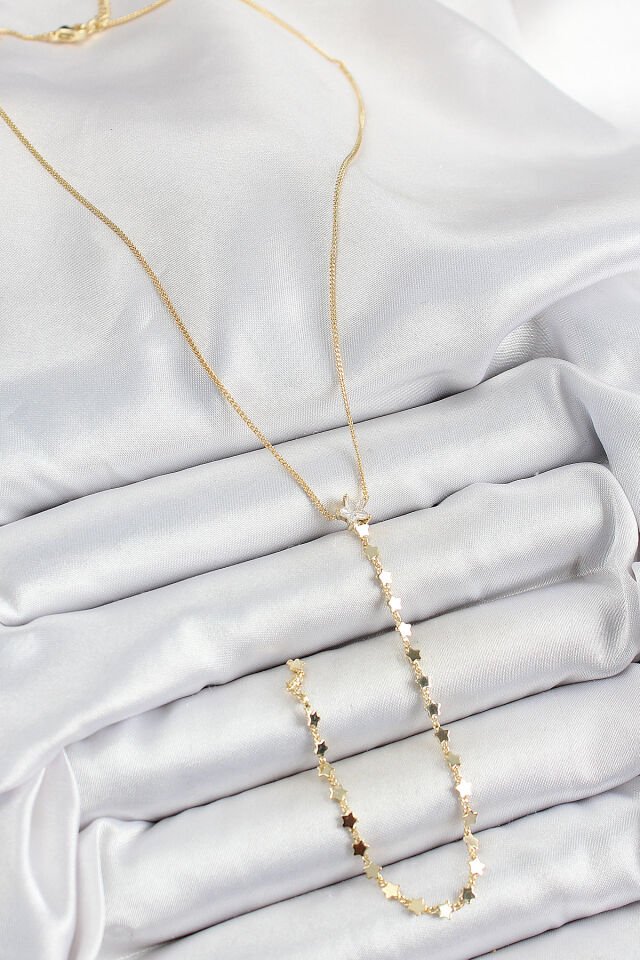 Pirinç Zirkon Taşlı Yıldız Figürlü Y Model Gold Renk Kadın Kolye