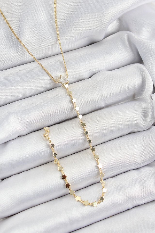 Pirinç Zirkon Taşlı Yıldız Figürlü Y Model Gold Renk Kadın Kolye