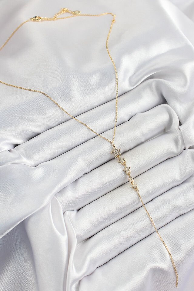 Pirinç Zirkon Taşlı Sıralı Yıldız Figürlü Y Model Gold Renk Kadın Kolye