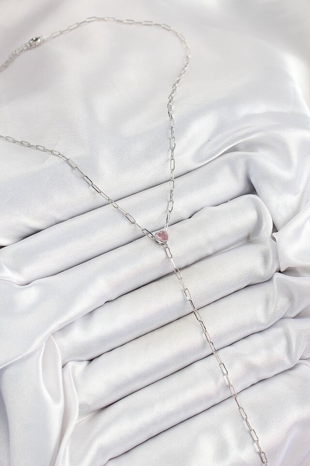 Pirinç Zirkon Taşlı Pembe Kalp Figürlü Y Model Gümüş Renk Kadın Kolye