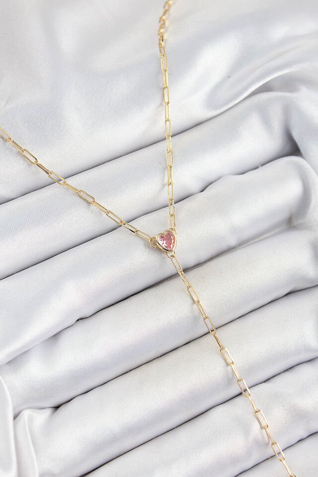 Pirinç Zirkon Taşlı Pembe Kalp Figürlü Y Model Gold Renk Kadın Kolye