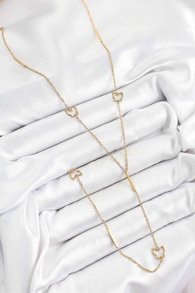 316L Çelik Kelebek Figürlü Y Model Gold Renk Kadın Kolye